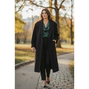 DONNYBROOK Black Wool Blend Long Overcoat Shawl Collar Double Button Size 10